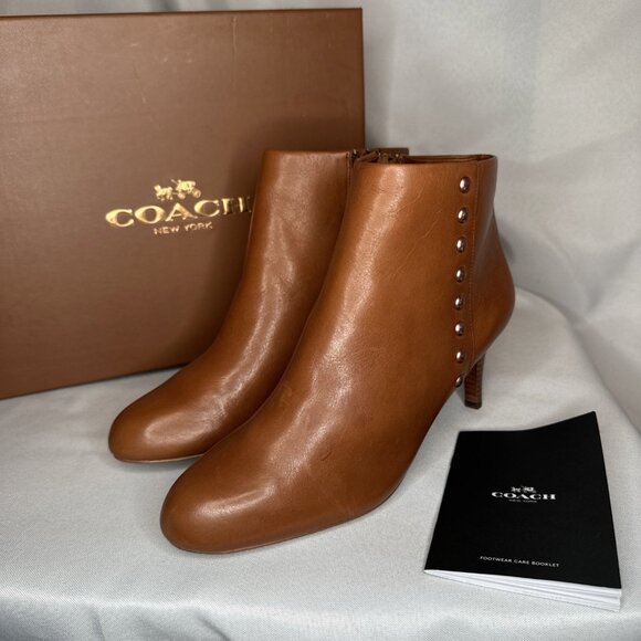 Coach Hickory Saddle Brown Leather Stiletto High Heels Ankle Boots - Picture 1 of 11